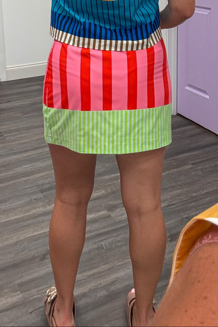 pink red lime green and golden yellow multi-pattern striped cotton poplin mini skirt