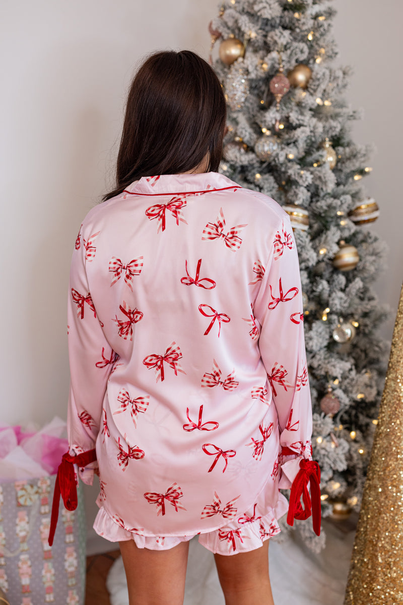 red pink candy cane bow pajama top