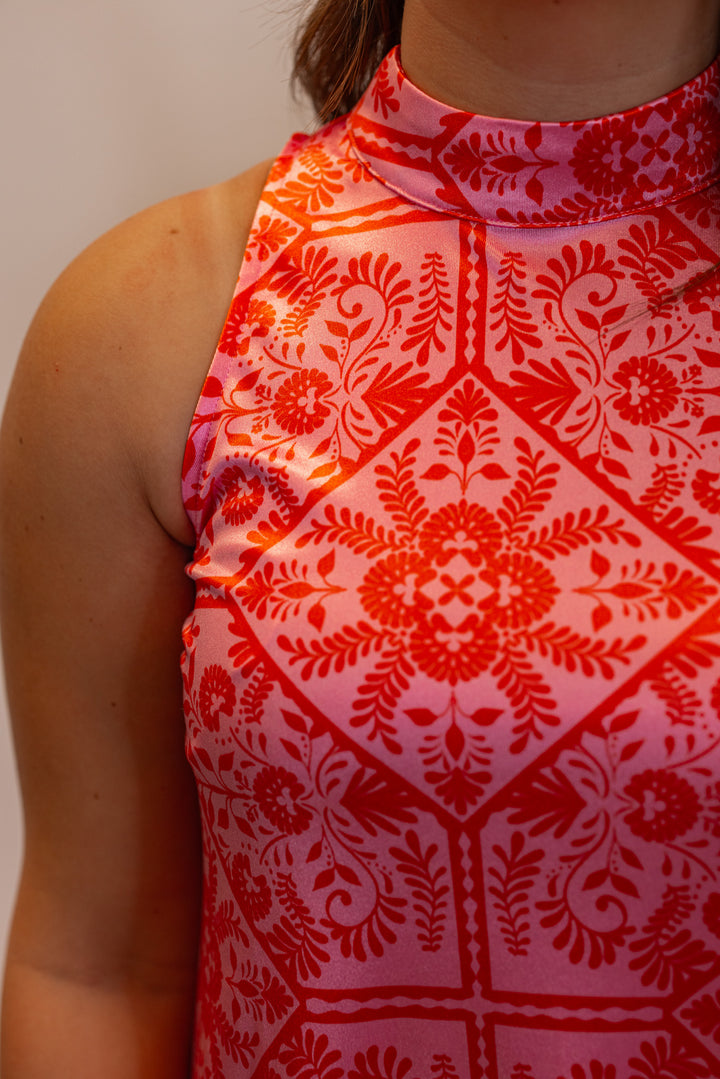 Women's pink and red floral print halter maxi dress by Karlie showing up close front view of halter neckline