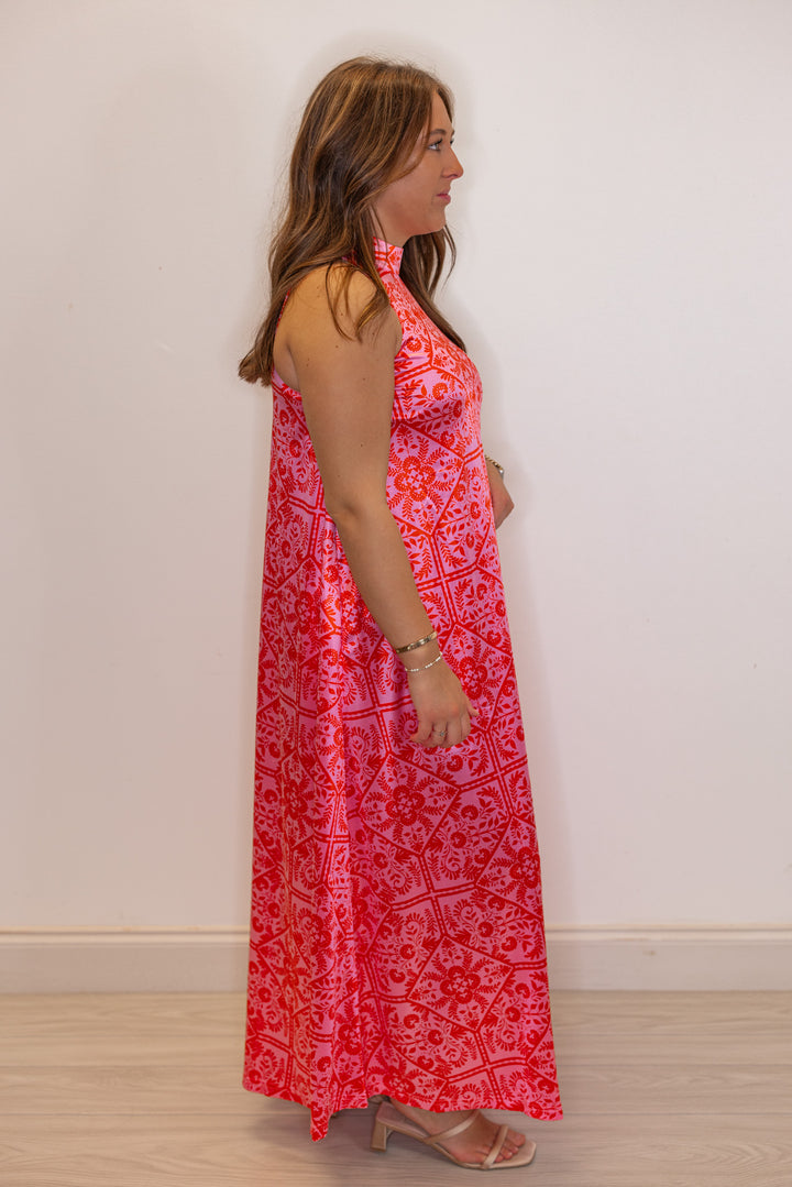 Women's pink and red floral print halter maxi dress by Karlie showing full side view