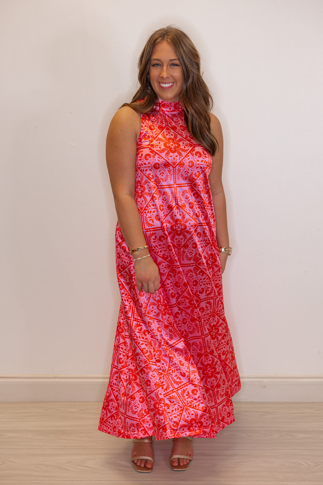 Women's dressy pink and red floral print halter maxi dress by Karlie