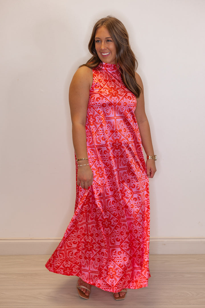 Women's pink and red floral print halter maxi dress by Karlie