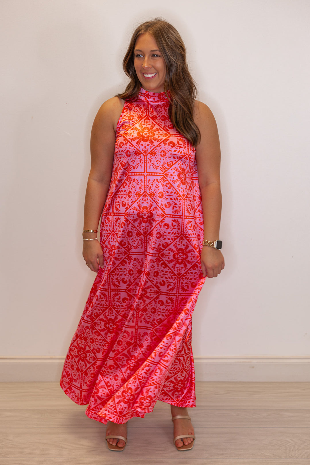 Women's pink and red floral print halter maxi dress by Karlie showing full front view of dress silouhette