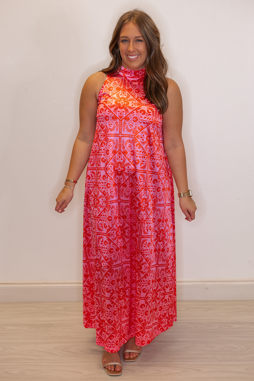 Women's pink and red floral print halter maxi dress by Karlie showing full front view