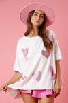 Peach Love California White boxy t-shirt with large pink rhinestone hearts