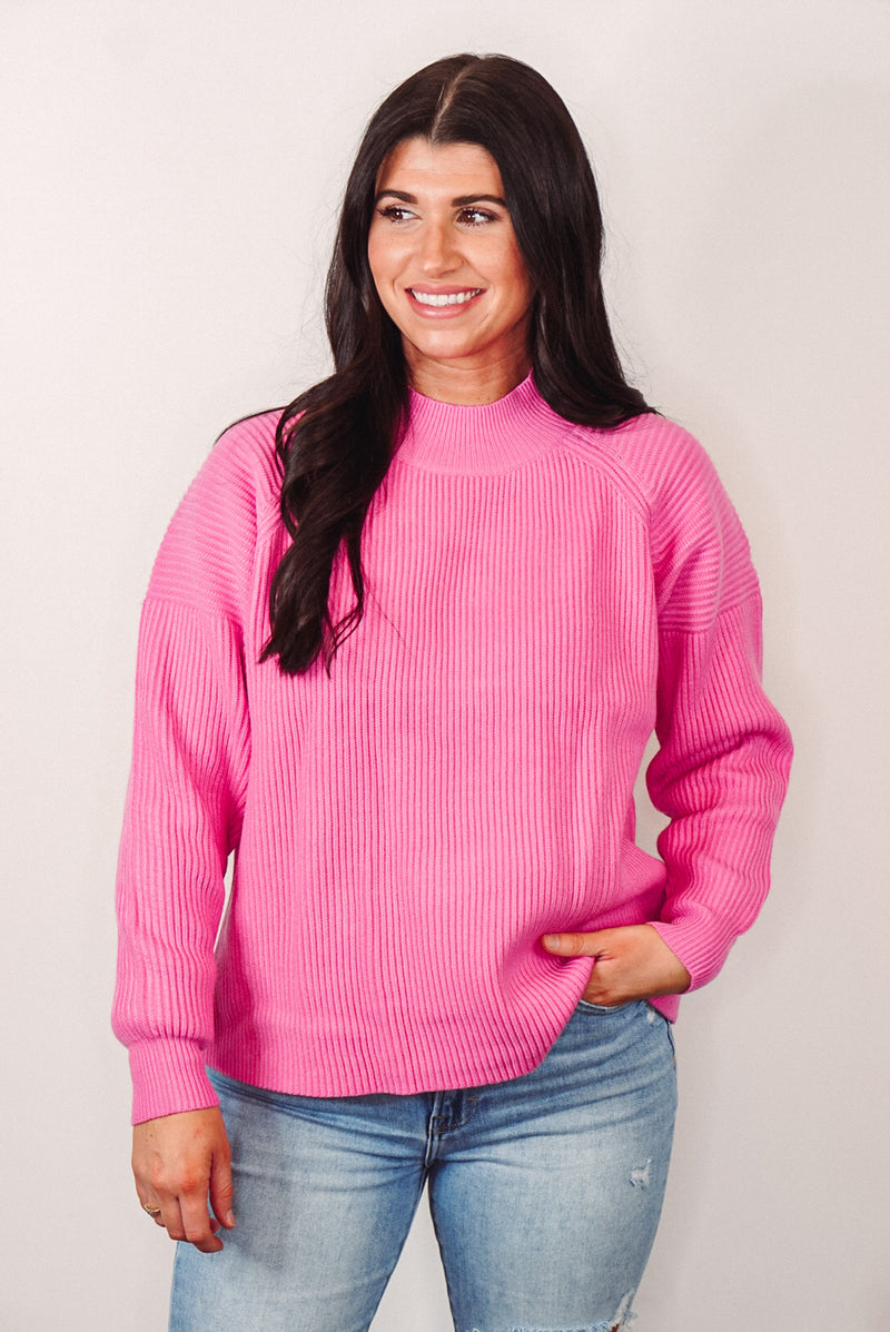 ribbed pink mock neck sweater