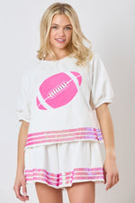 Peach Love California White french terry knit top with a large pink fuzzy football accented with sequins