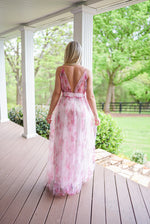 pink sheer floral overlay maxi dress with slits