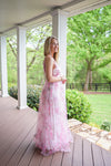 pink sheer floral overlay maxi dress with slits