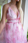 pink sheer floral overlay maxi dress with slits