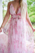 pink sheer floral overlay maxi dress with slits