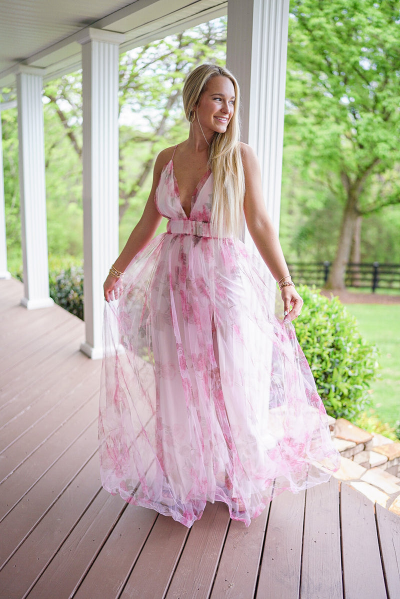 pink sheer floral overlay maxi dress with slits