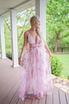 pink sheer floral overlay maxi dress with slits