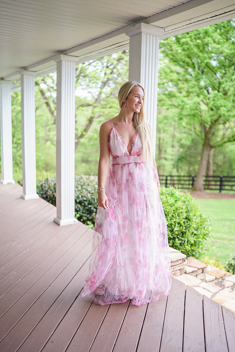 pink sheer floral overlay maxi dress with slits