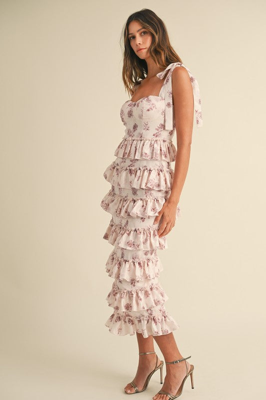 Mable Pink shimmering ruffle tiered bustier midi dress with a rose floral print