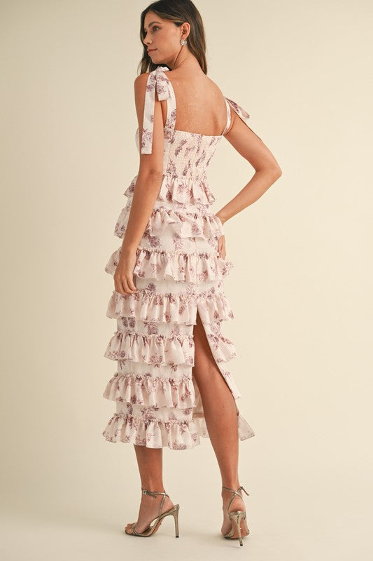 Mable Pink shimmering ruffle tiered bustier midi dress with a rose floral print