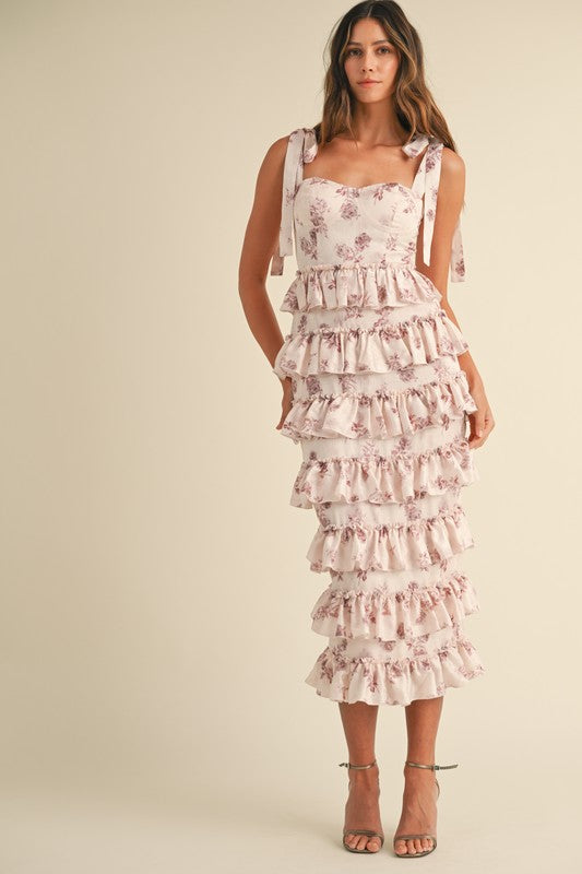 Mable Pink shimmering ruffle tiered bustier midi dress with a rose floral print