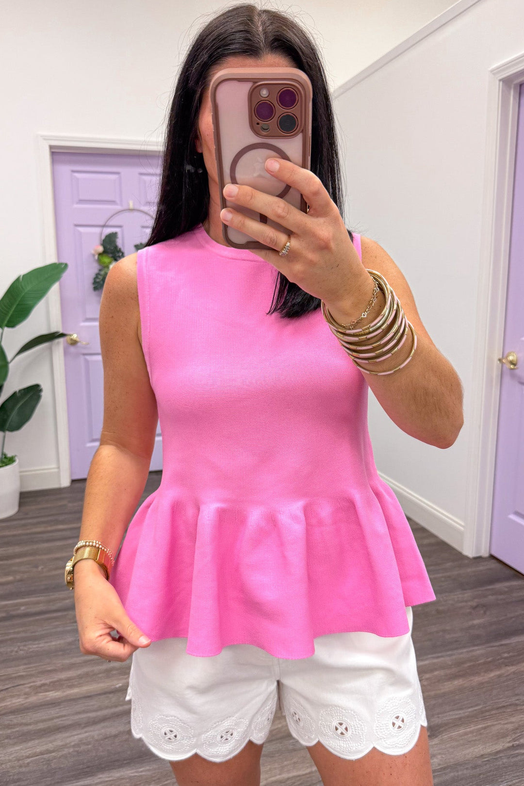 bright pink sleeveless crew neckline knit peplum top