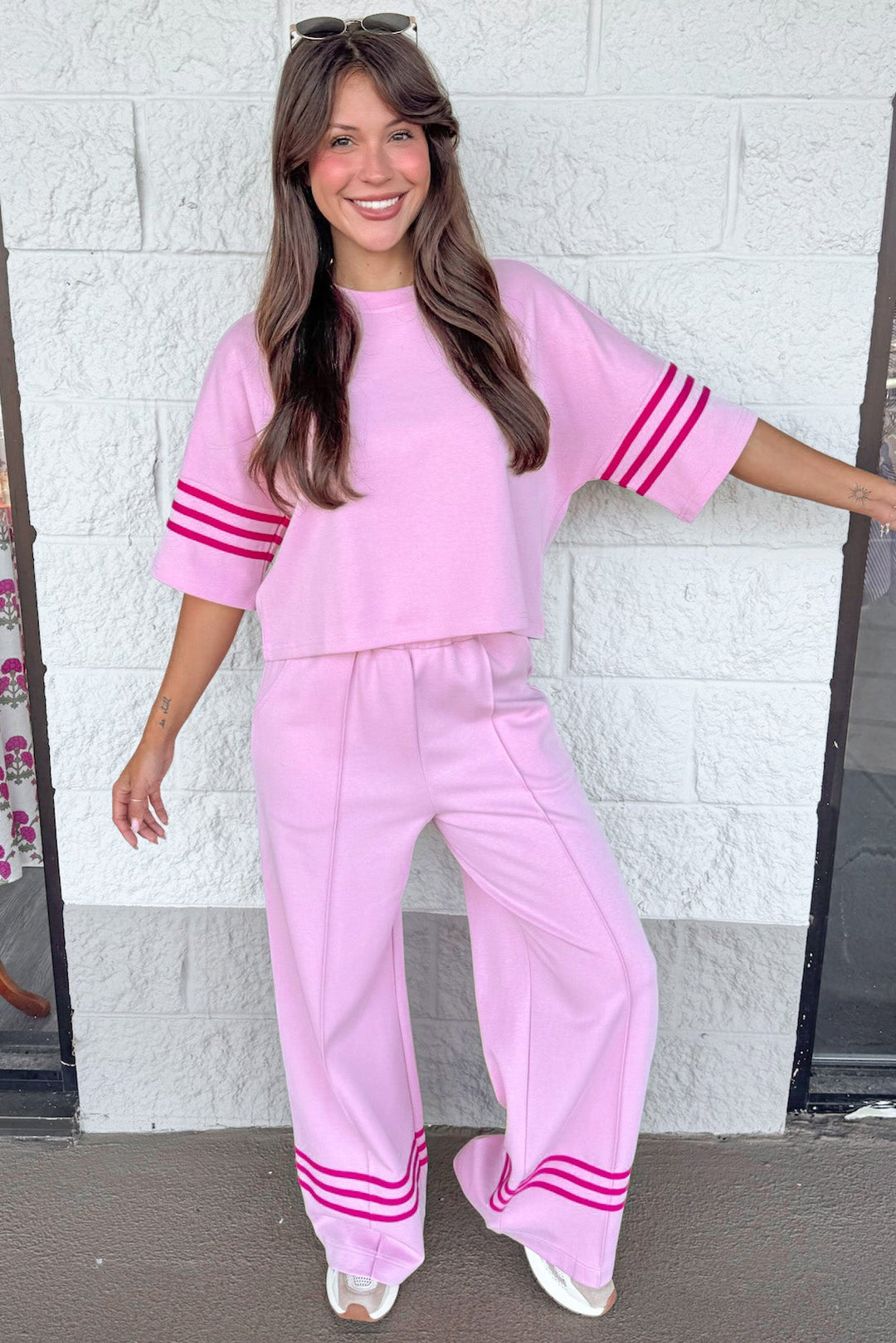 light pink with hot pink striped drop shoulder short sleeves crew neckline knit top