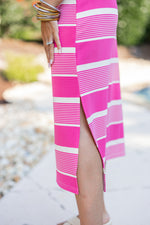 pink striped knit fitted midi dress