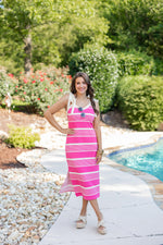 pink striped knit fitted midi dress