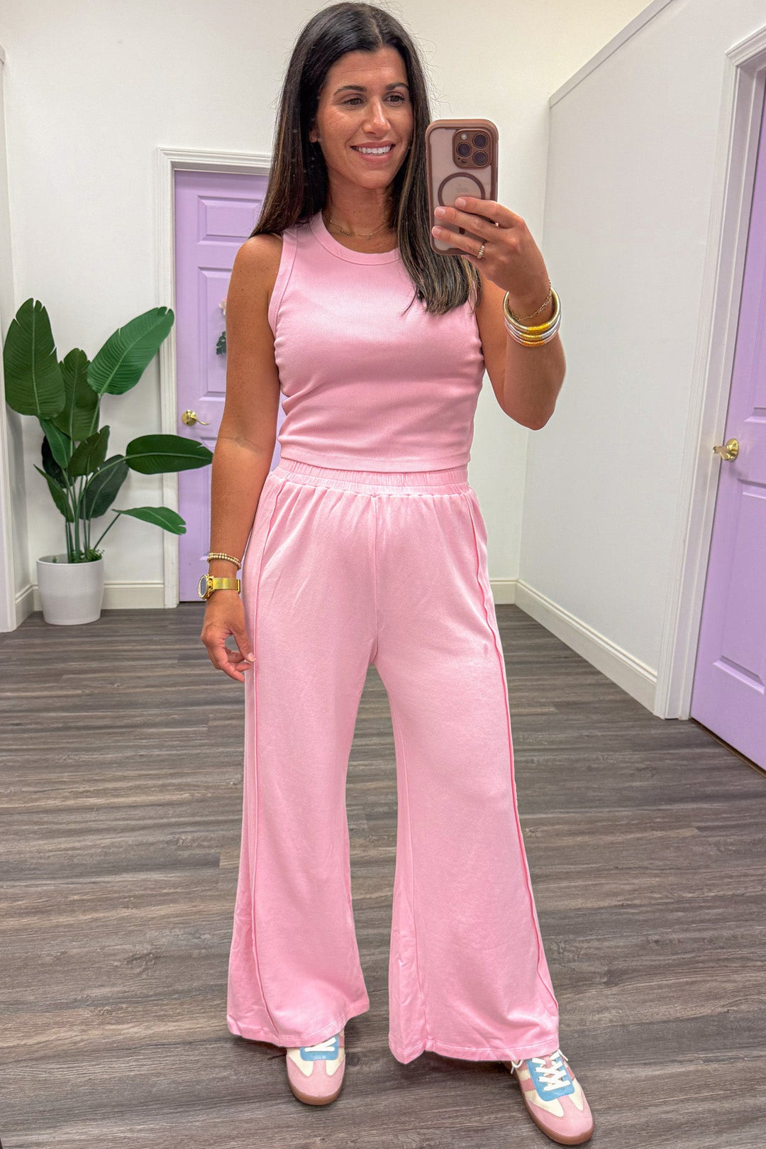 light pink tank top and palazzo pants matching knit athleisure set