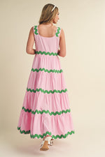 &merci Pink sleeveless tiered midi dress with green piping trim