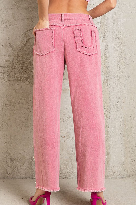 POL Clothing Inc Pearl beaded distressed denim twill pants in peony flower pink