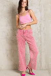 POL Clothing Inc Pearl beaded distressed denim twill pants in peony flower pink