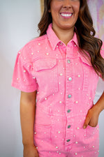 pink denim twill pearl romper