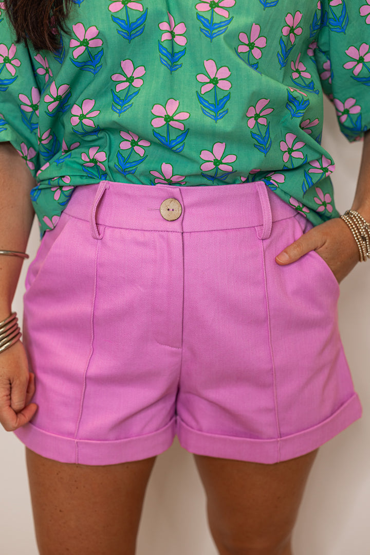 pink denim twill cuffed shorts