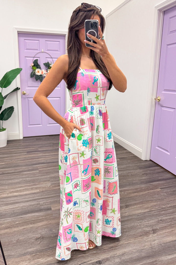 pink and cream beach themed print sleeveless maxi dress side pockets