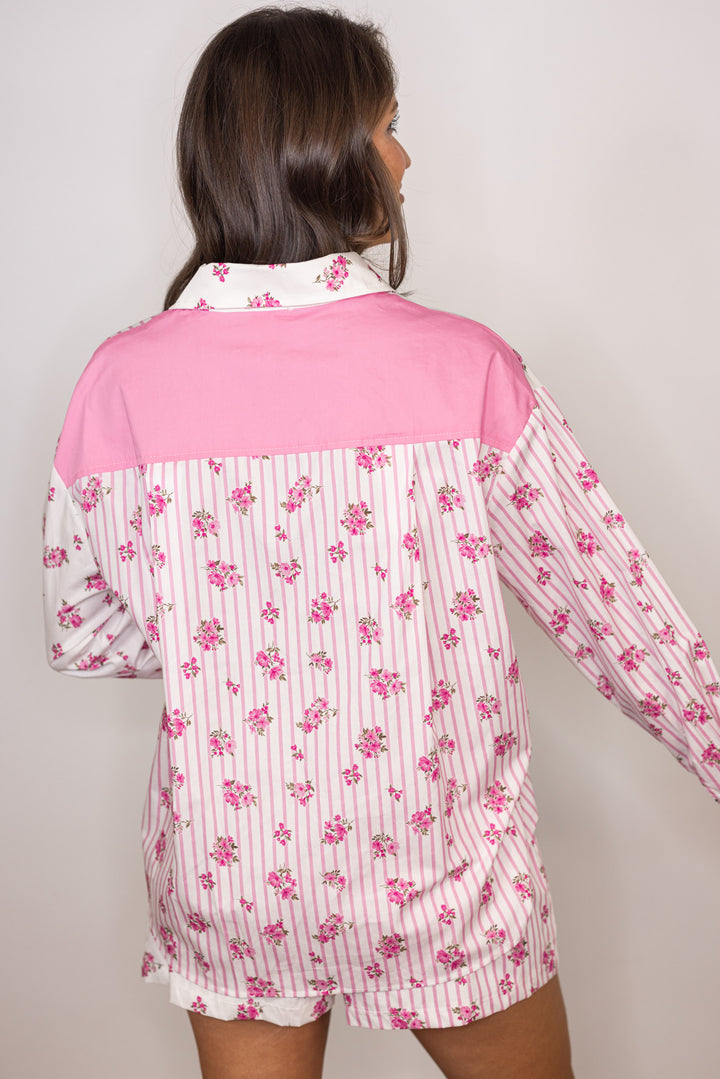 white pink stripe floral button up top