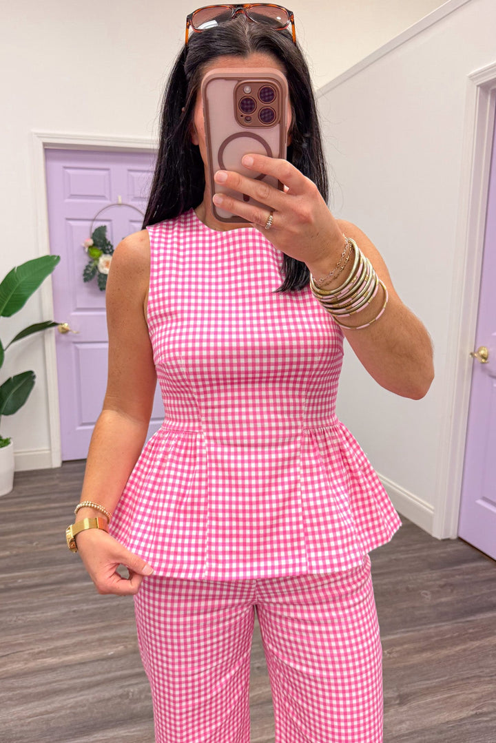 pink and white checkered gingham print sleeveless twill peplum top