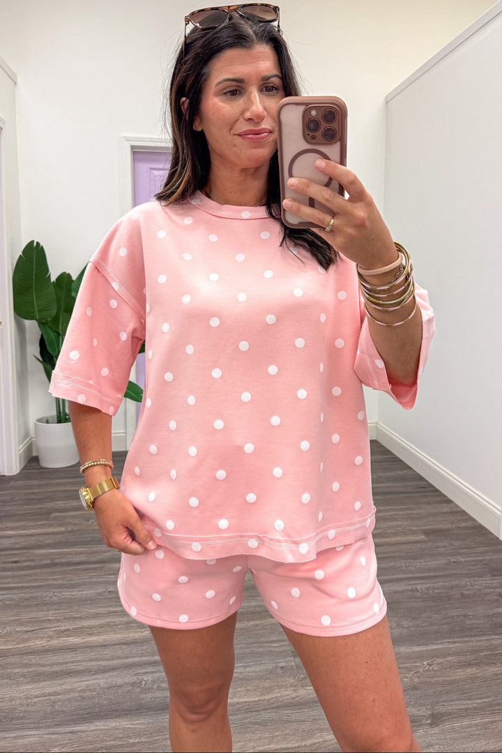 light pink with white polka dot print crew neckline top and shorts matching knit athleisure set