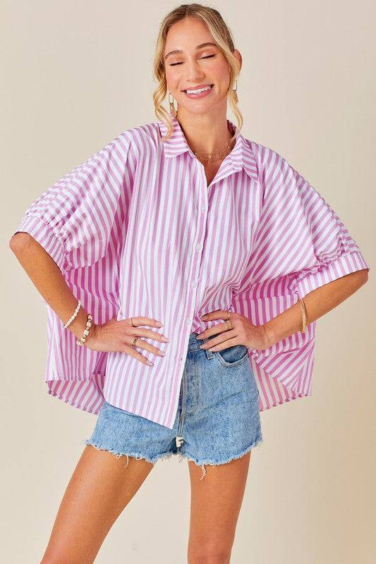 day + moon Pink and white striped button down relaxed fit, boxy top