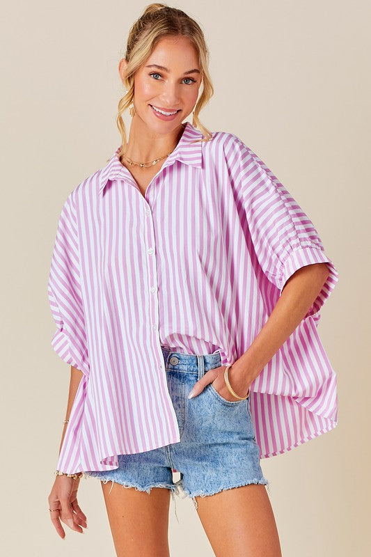 day + moon Pink and white striped button down relaxed fit, boxy top