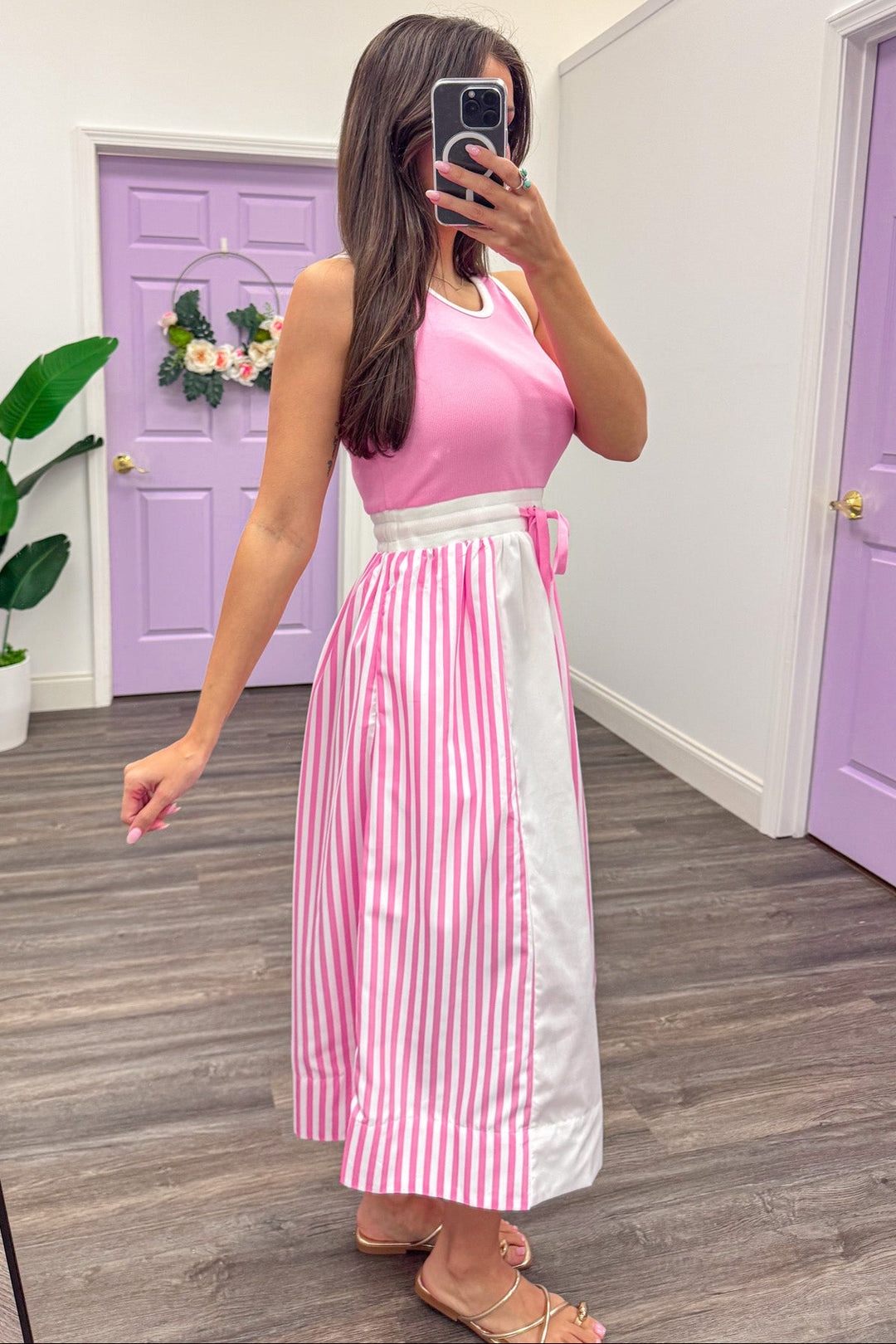 Pink ribbed white striped colorblock crew neckline midi dress