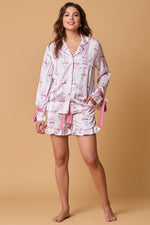 Fantastic Fawn Light pink and white striped satin bow tie pajama shorts with pink velvet bow waist