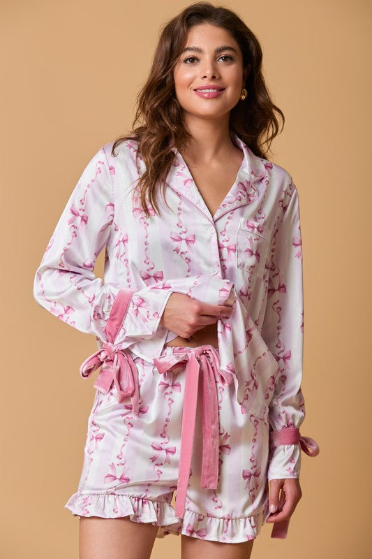 Fantastic Fawn Light pink and white striped satin bow tie pajama shorts with pink velvet bow waist