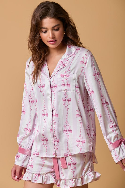 Fantastic Fawn Light pink and white striped satin bow tie pajama top with pink velvet bow cuffs