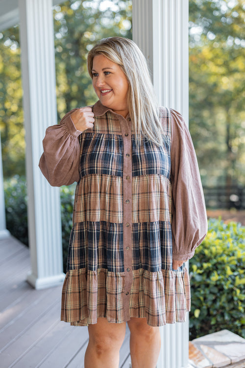 plus size flannel plaid babydoll dress