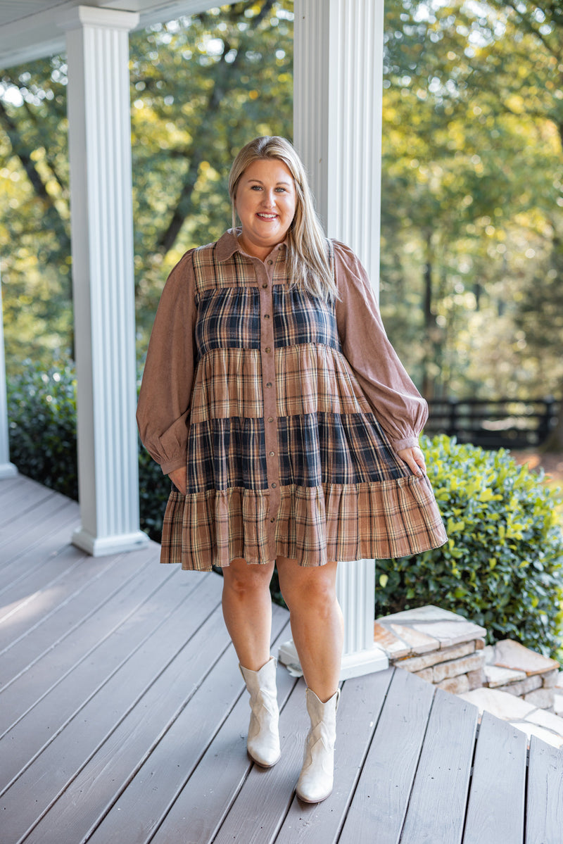 plus size flannel plaid babydoll dress