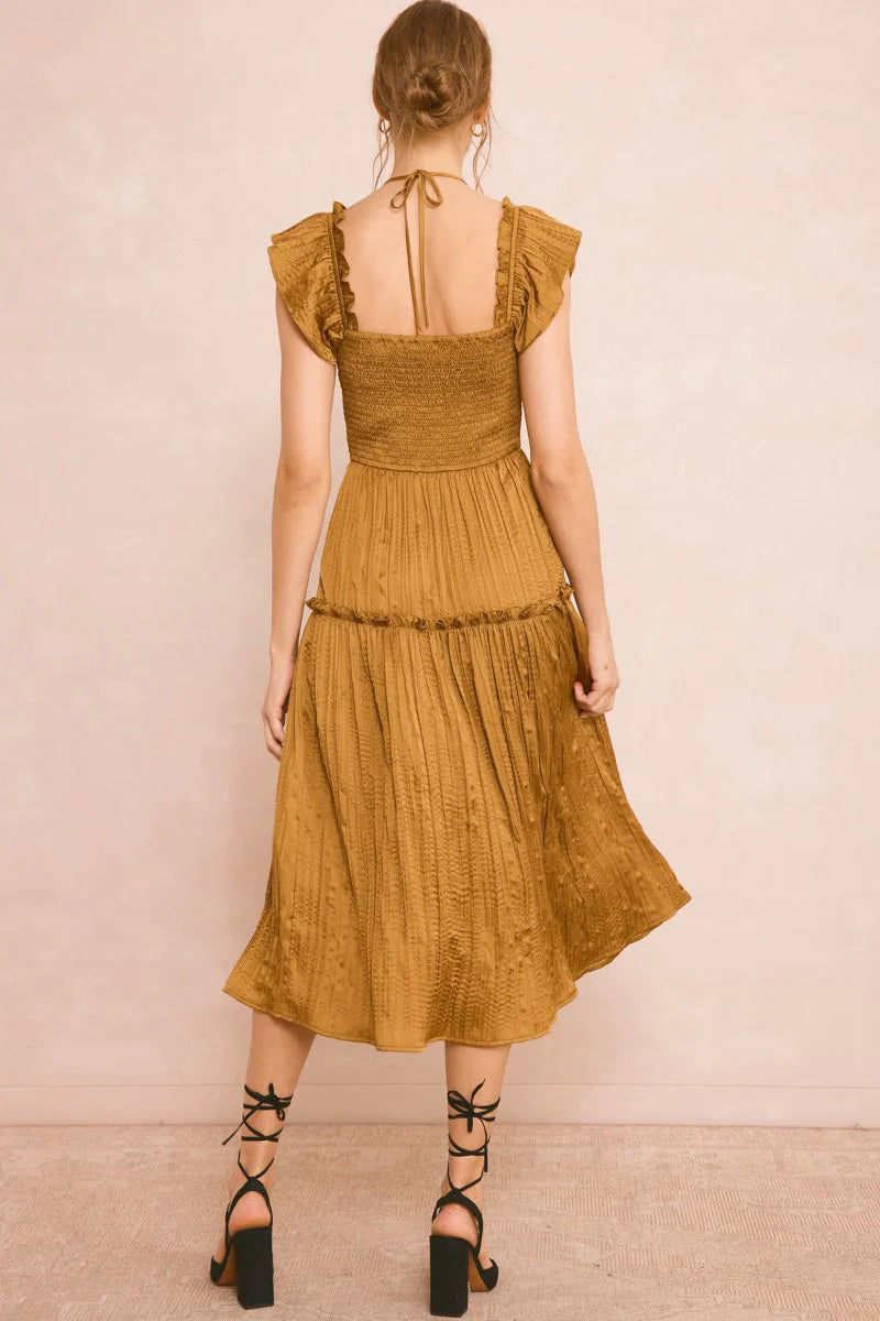 gold satin pleated midi dress