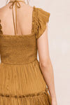 gold satin pleated midi dress