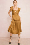 gold satin pleated midi dress