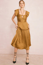 gold satin pleated midi dress