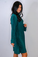 deep emerald pleated satin shirt dress