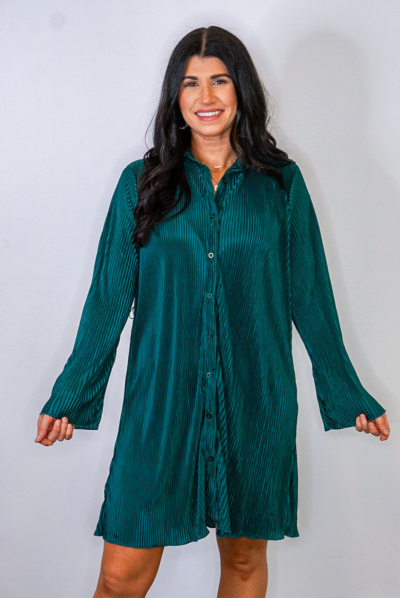 deep emerald pleated satin shirt dress