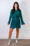 deep emerald pleated satin shirt dress